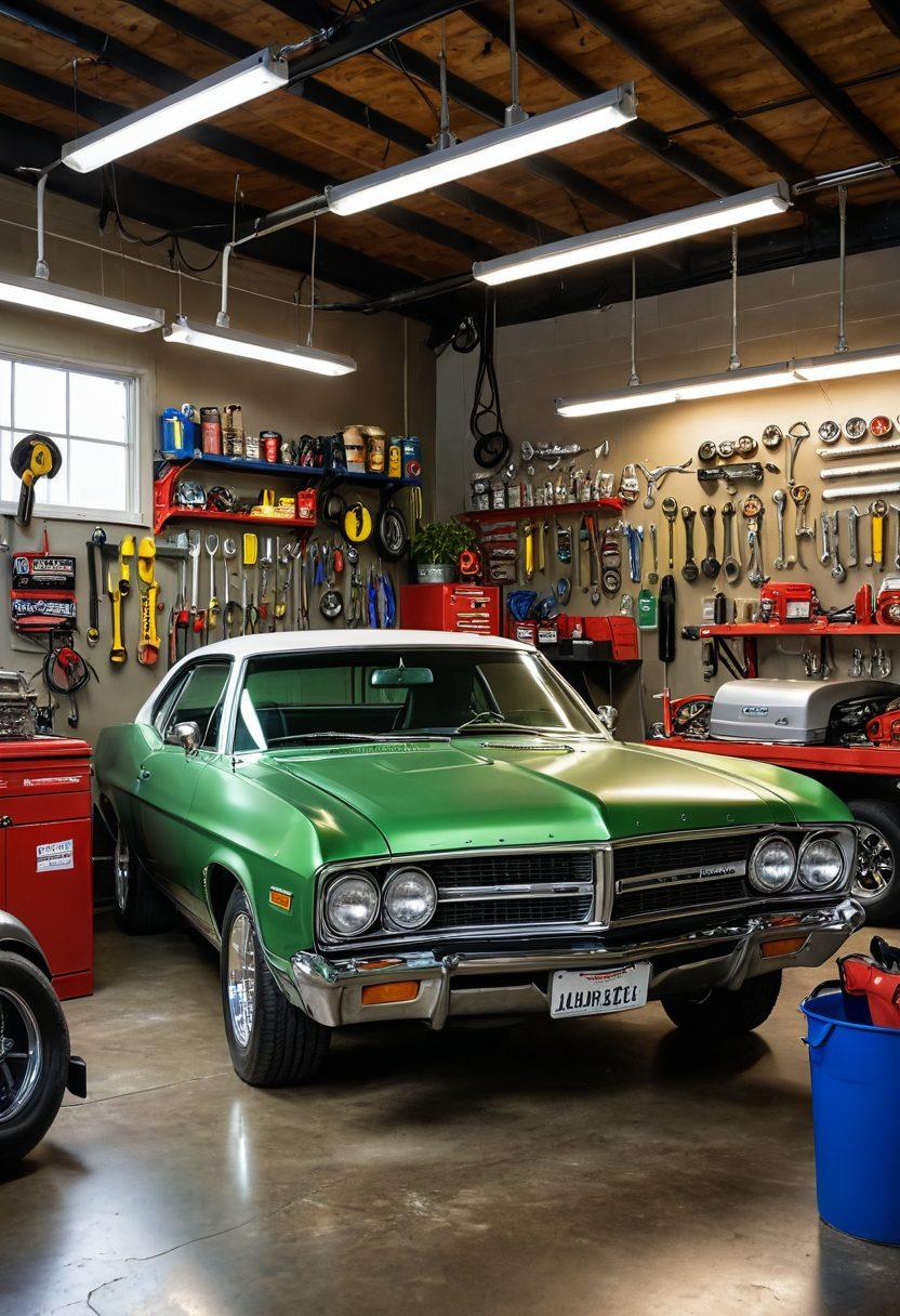 A well-maintained vehicle surrounded by various car maintenance tools like oil cans, wrenches, and tire pressure gauges. The backdrop showcases a clean garage with motivational quotes about car care on the walls. Bright lighting to highlight the vehicle's shine and details, with lush green plants in the corner to symbolize freshness. super-realistic. vibrant colors. white background.