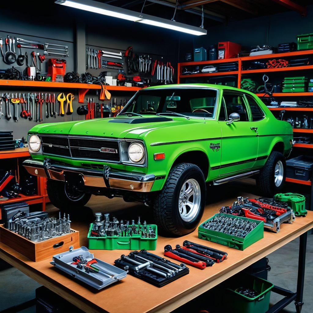 A well-organized garage filled with various engine parts and tools, emphasizing a checklist on a clipboard with checkmarks beside automotive tasks. Glowing engine components on a workbench, bright lighting illuminating detailed mechanics. A car lifts in the background, with a mechanic inspecting the engine. super-realistic. vibrant colors. clear focus.